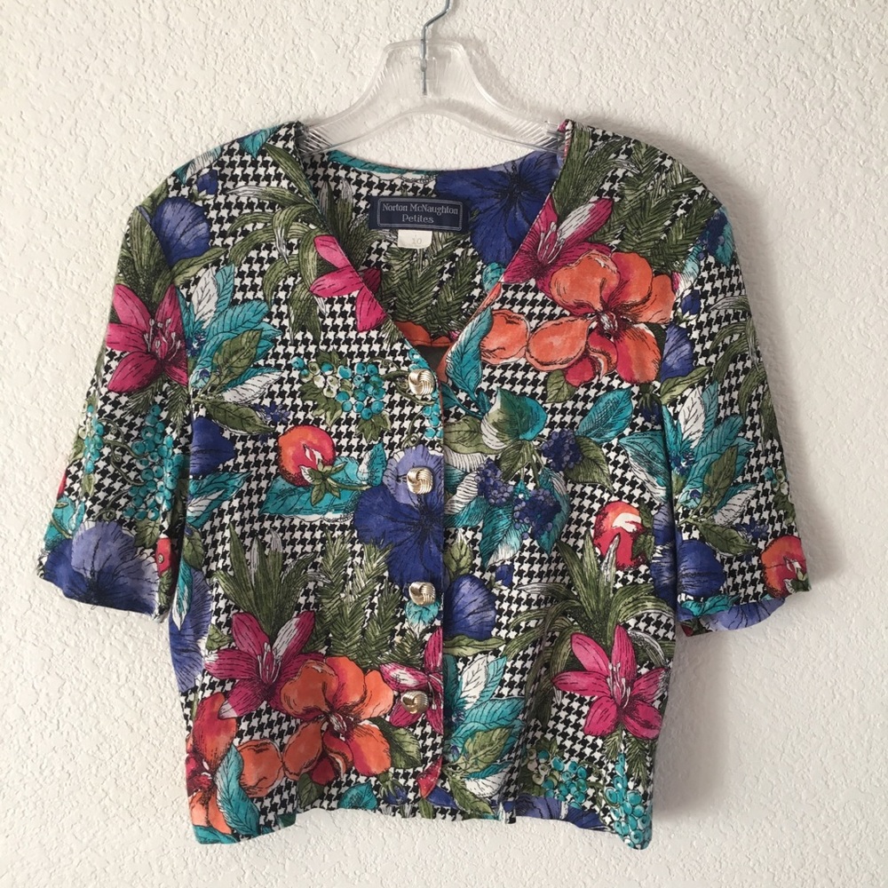 💐VTG houndstooth floral crop blouse